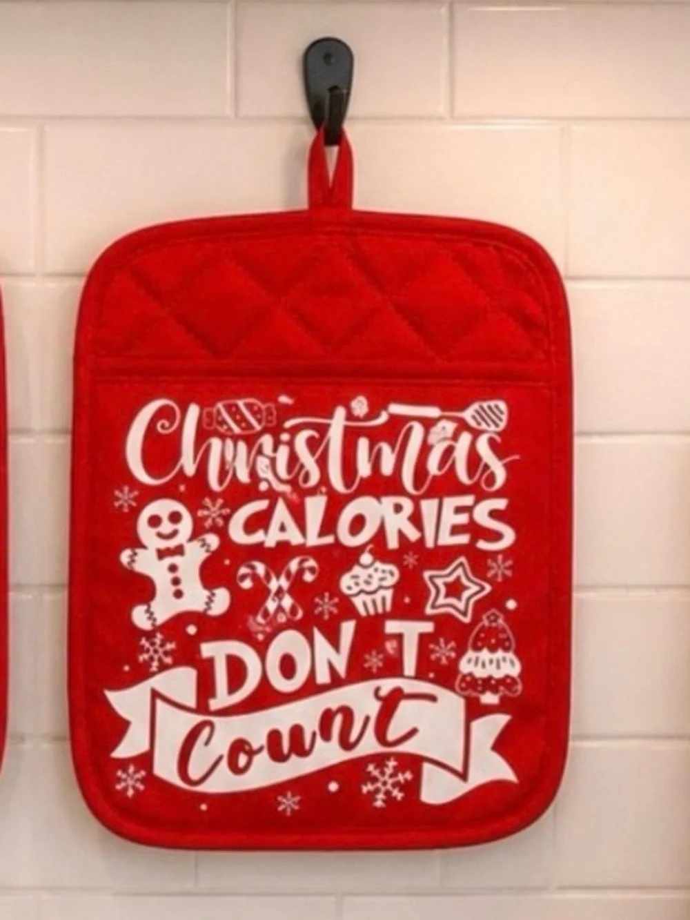 Festive Holiday Kitchen Pot Holders - Red with White Lettering - Set of 2